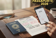 Passaporte brasileiro e documentos sobre mesa de planejamento para tirar passaporte em 2026.
