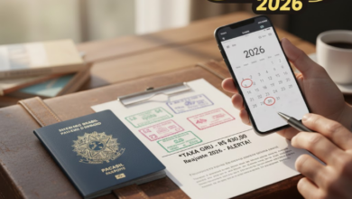 Passaporte brasileiro e documentos sobre mesa de planejamento para tirar passaporte em 2026.