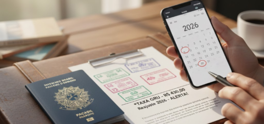 Passaporte brasileiro e documentos sobre mesa de planejamento para tirar passaporte em 2026.