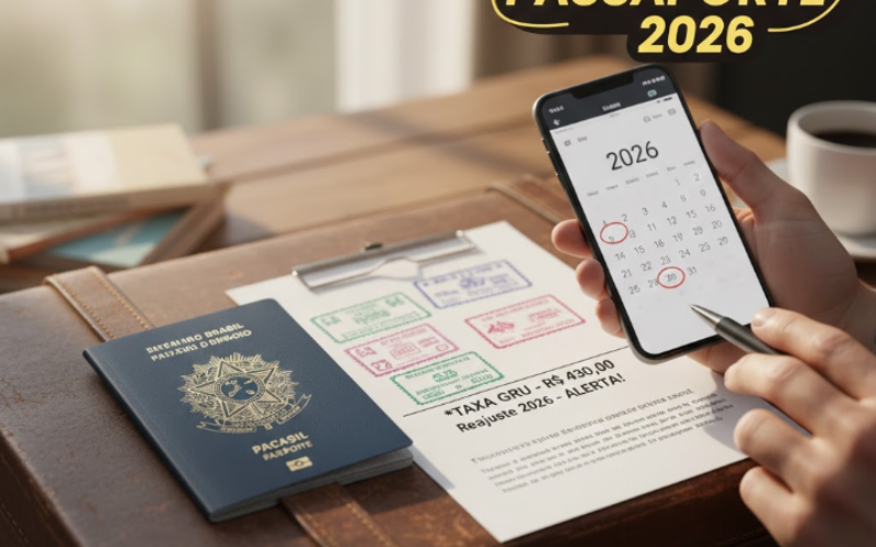 Passaporte brasileiro e documentos sobre mesa de planejamento para tirar passaporte em 2026.