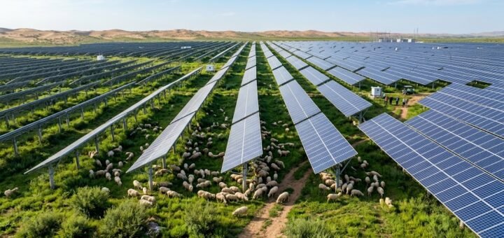 Vista aérea mostrando o contraste impressionante de rebanhos de ovelhas pastando em meio à vegetação rasteira que brotou sob as estruturas de uma grande usina de energia solar instalada no Deserto de Kubuqi, na China