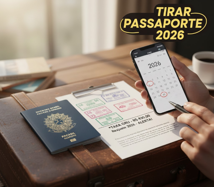 Passaporte brasileiro e documentos sobre mesa de planejamento para tirar passaporte em 2026.