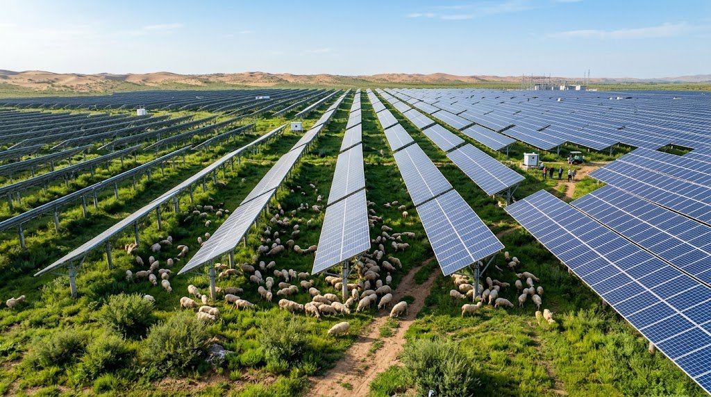 Ovelhas pastando sob extensas fileiras de painéis solares em meio à vegetação verde no Deserto de Kubuqi, na China